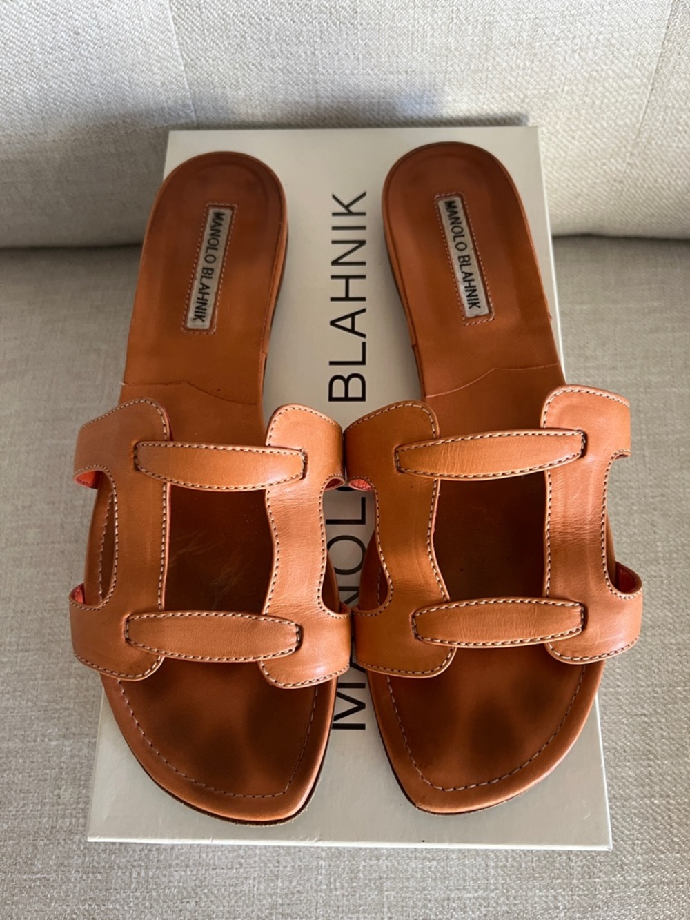 Manolo Blahnik Cognac Leather Slide Sandals